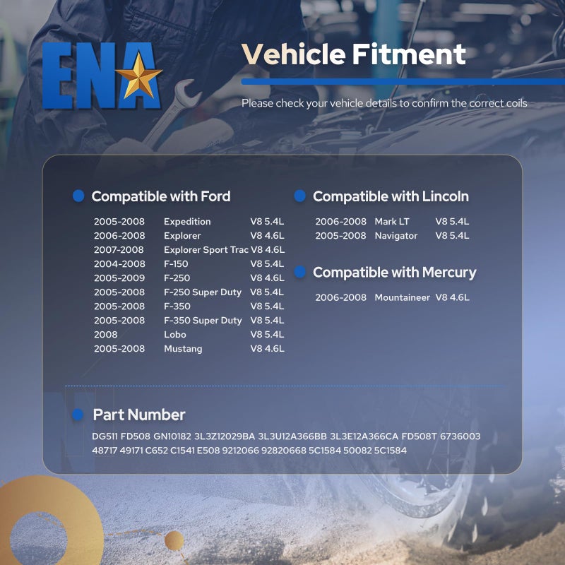 ENA Set of 8 Blue Ignition Coil Pack Compatible with Ford Expedition Explorer F150 F250 F350 F450 F550 Super Duty Mustang Navigator 2005 2006 2007 2008 V8 V10 4.6 5.4 6.8 Replacement for DG511 FD508 - Image 3